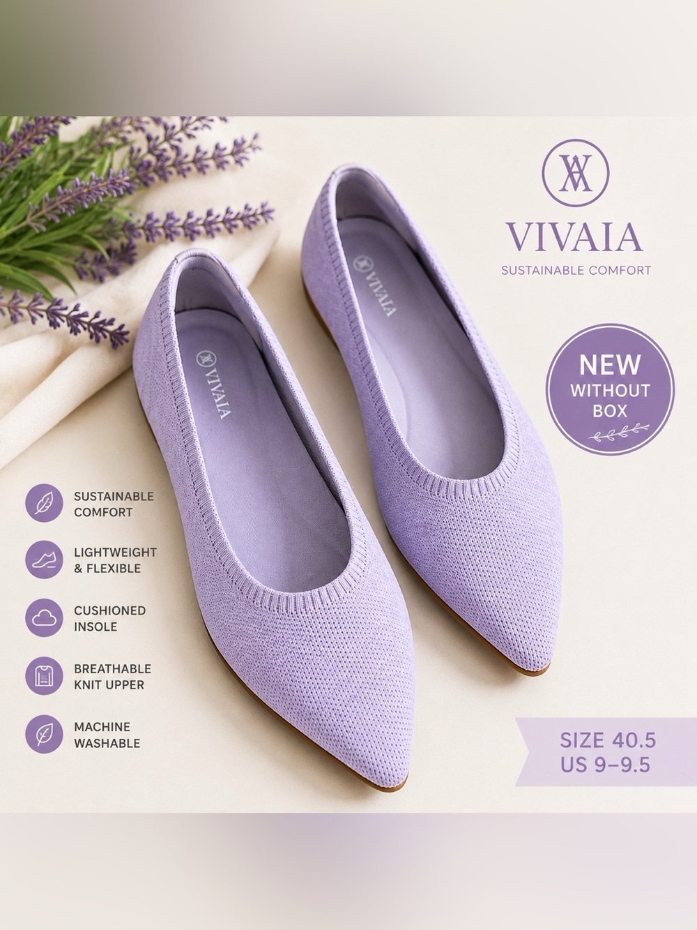 NWT VIVAIA The Point Flats Lavender Knit Pointed Ballet Shoes EU 40.5/US 9-9.5